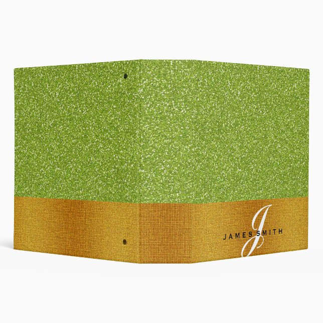 Personalized Green and Gold Faux Confetti Glitter 3 Ring Binder (Background)