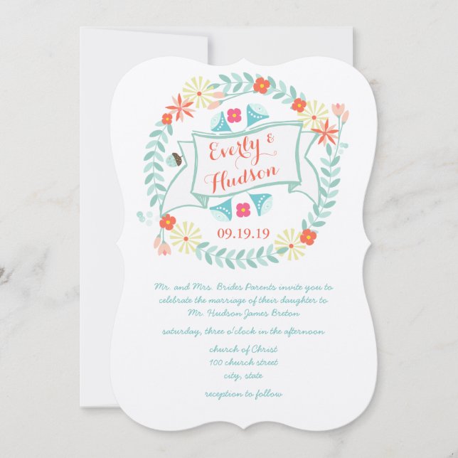 Personalized Green and Pink Garland Wedding Invitation (Front)