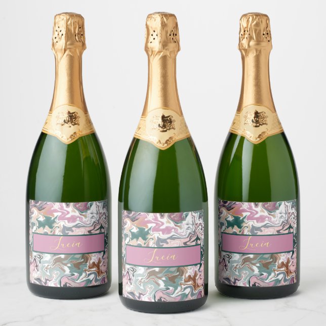 Personalized Green and Pink Marble Abstract Custom Sparkling Wine Label (Bottles)