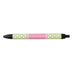 Personalized Green and Pink Polka Dots Pattern Black Ink Pen