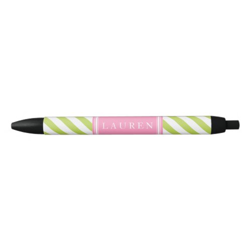 Personalized Green and Pink Stripes Pattern Black Ink Pen