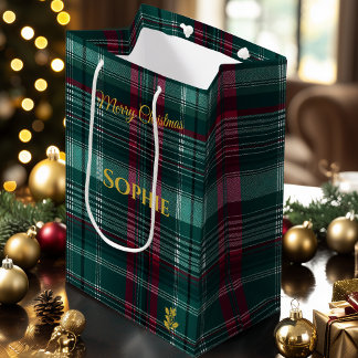 Personalized Green and Red Plaid Christmas  Medium Gift Bag
