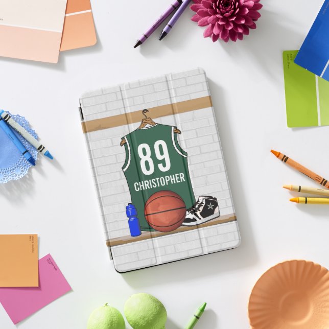 Personalized Green and White Basketball Jersey iPad Pro Cover (Desk)