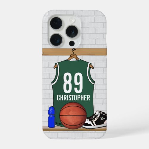 Personalized Green and White Basketball Jersey iPhone 15 Pro Case