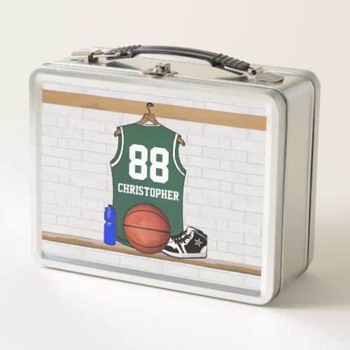 Personalized green and white basketball jersey metal lunch box