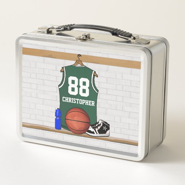 Personalized green and white basketball jersey metal lunch box (Front)