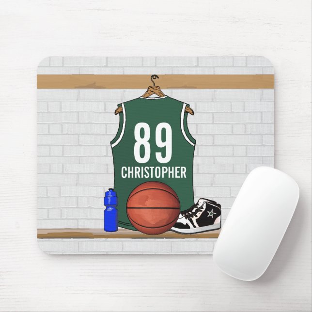 Personalized Green and White Basketball Jersey Mouse Pad (With Mouse)