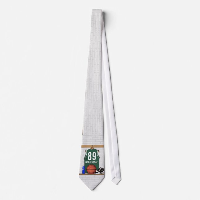 Personalized Green and White Basketball Jersey Neck Tie (Front)