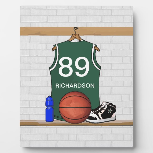Personalized Green and White Basketball Jersey Plaque (Front)
