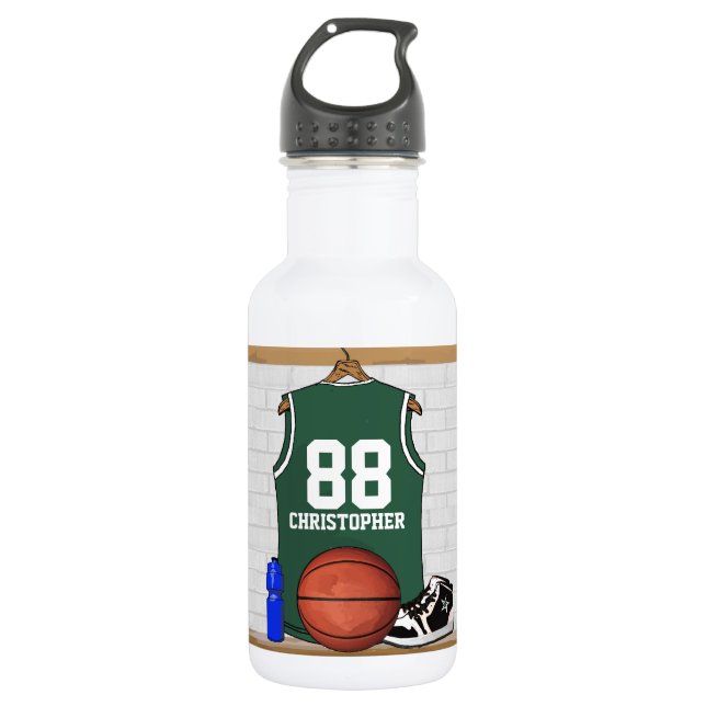 Personalized green and white basketball jersey stainless steel water bottle (Front)