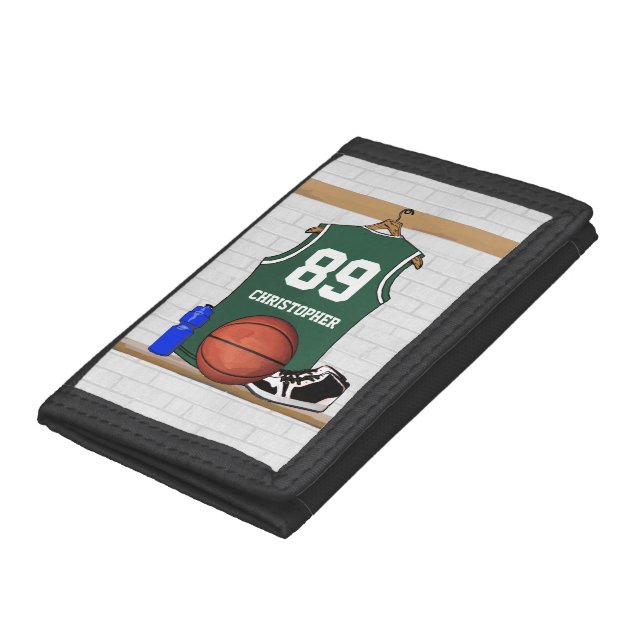 Personalized Green and White Basketball Jersey Trifold Wallet (Bottom)
