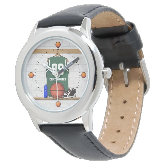 Personalized Green and White Basketball Jersey Watch (Angled)