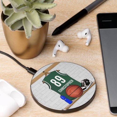 Personalized Green and White Basketball Jersey Wireless Charger