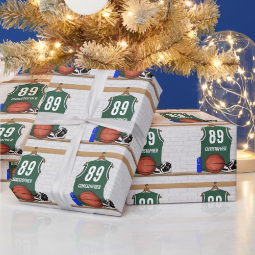Personalized Green and White Basketball Jersey Wrapping Paper
