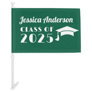 Personalized Green and White Graduation  Car Flag
