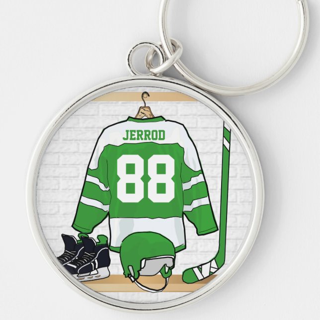 Personalized Green and White Ice Hockey Jersey Keychain (Front)