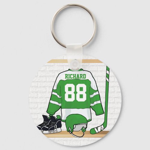 Personalized Green and White Ice Hockey Jersey Keychain