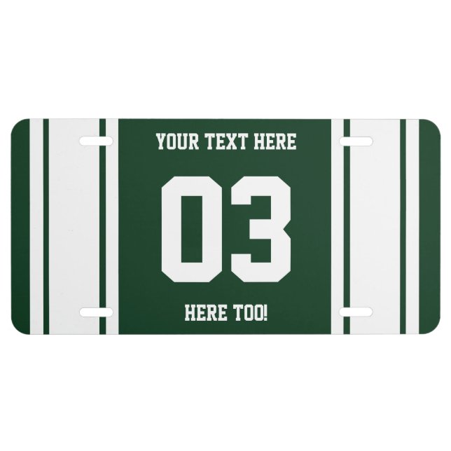 Personalized Green and White Sports Stripes License Plate (Front)