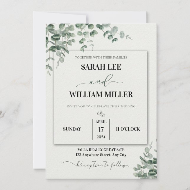 Personalized Green And White Watercolor Wedding Invitation (Front)