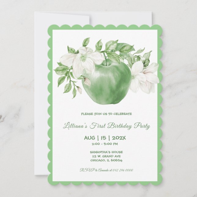 Personalized Green Apple Birthday Invitation (Front)