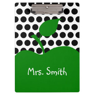 Personalized Green Apple White and Black Polka Dot Clipboard
