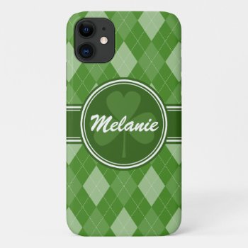 Personalized Green Argyle Pattern With Clover Iphone 11 Case by DoodlesGiftShop at Zazzle