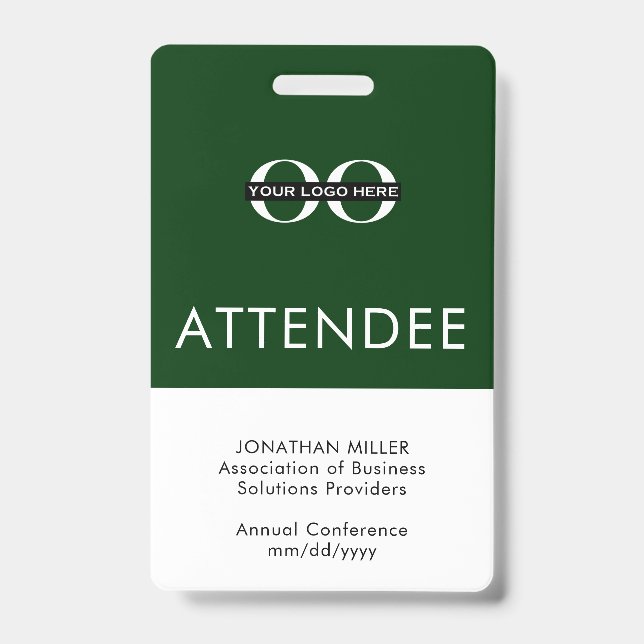 Personalized Green Attendee Custom Logo Text Badge (Front)