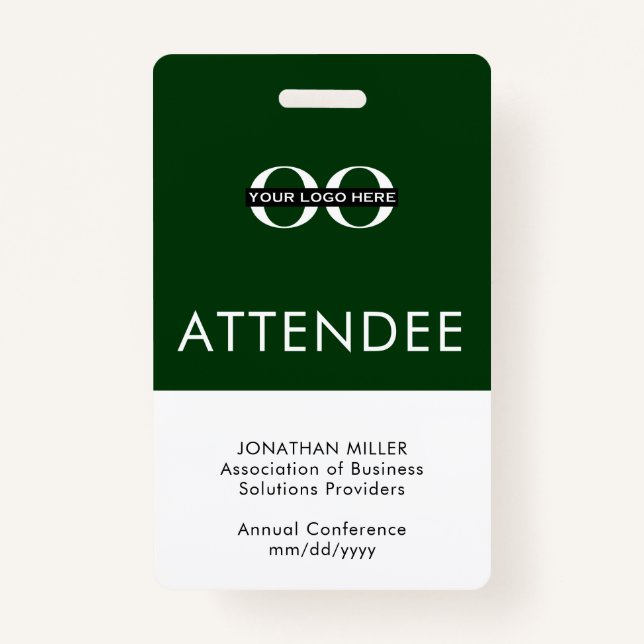 Personalized Green Attendee Custom Logo Text Badge (Front)