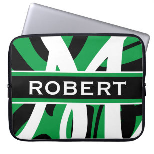 Personalized Green Black White Abstract Monogram Laptop Sleeve