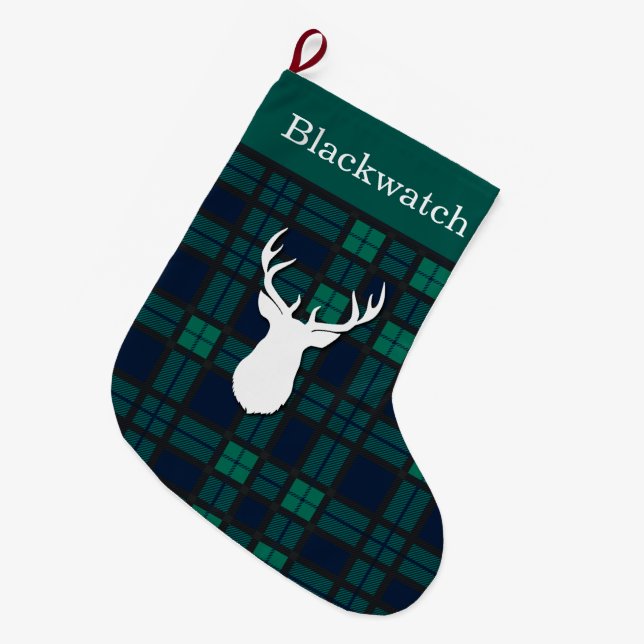 Personalized Green Blackwatch Tartan Deer Large Christmas Stocking (Front (Hanging))