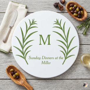 Personalized Green Botanical Wreath Monogram Round Cutting Board