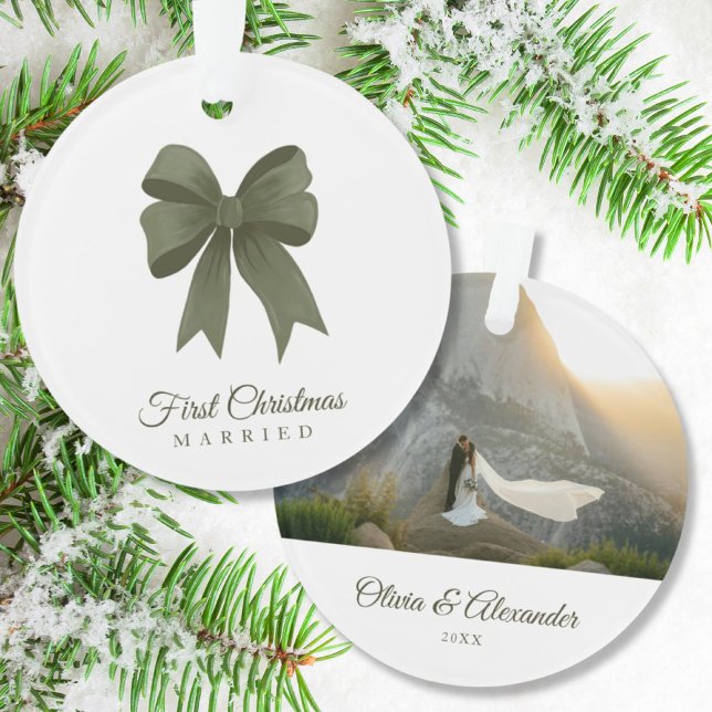 Personalized Green Bow 1st Christmas Married Gift Ornament (1st Christmas Married)