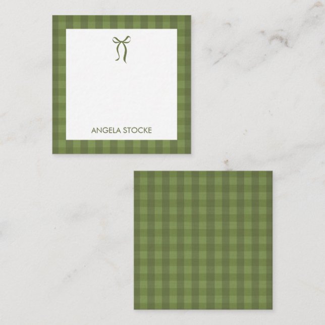 Personalized Green Bow Gingham Plaid Note Card (Front/Back)