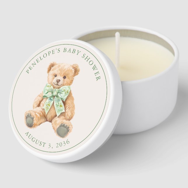 Personalized Green Bow Teddy Bear Baby Shower Mini Candle Favors (Corner)