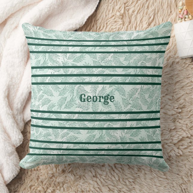 Personalized Green Branches Dk. Green Stripes Throw Pillow (Blanket)