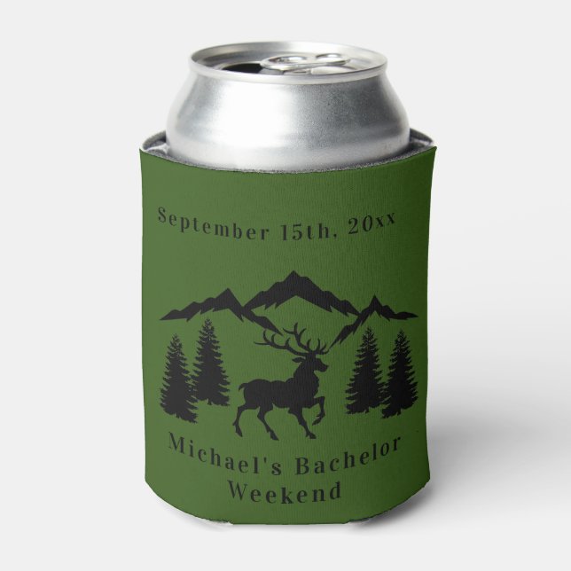 Personalized Green Buck Hunting Bachelor Weekend Can Cooler (Can Front)