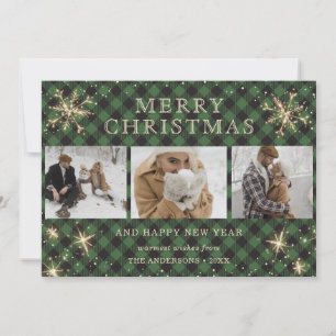 Personalized Green Buffalo Plaid 3 Photo Holiday Card