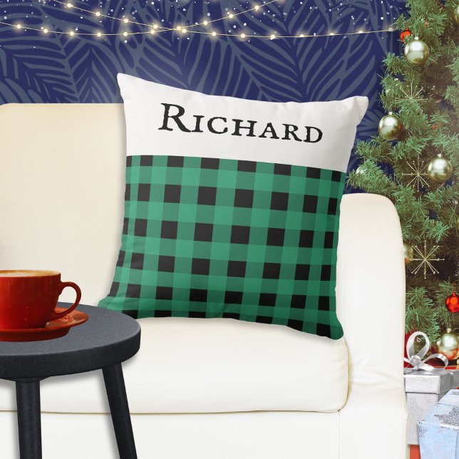 Personalized Green Buffalo Plaid Check Pattern Throw Pillow (A personalized throw pillow cushion, with green buffalo check plaid pattern. Ideal Xmas gift.)