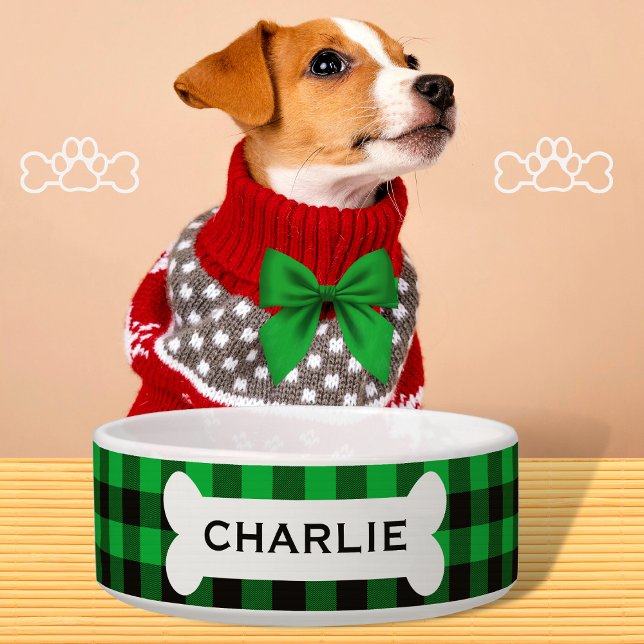 Personalized Green Buffalo Plaid Dog Bone Name Bowl (Creator Uploaded)
