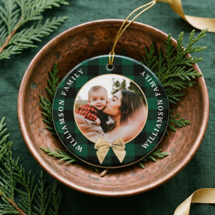 Personalized Green Buffalo Plaid Family Photo Ceramic Ornament
