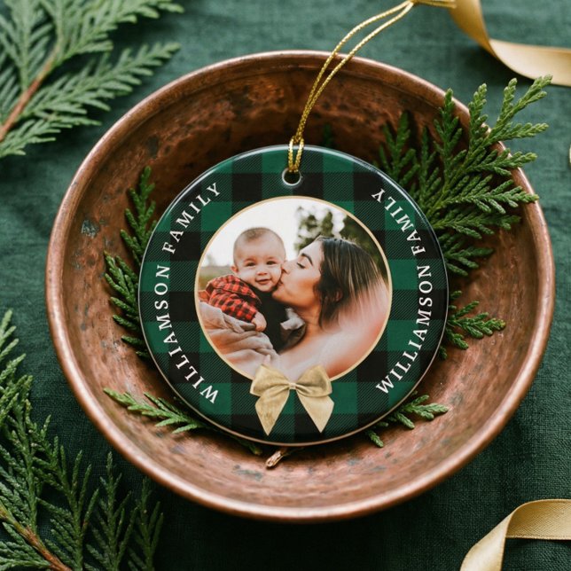 Personalized Green Buffalo Plaid Family Photo Ceramic Ornament (Personalized Green Buffalo Plaid Family Photo Ceramic Ornament)