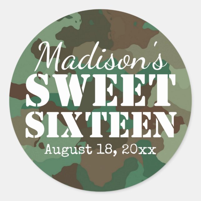 Personalized Green Camo Sweet Sixteen Birthday Classic Round Sticker (Front)
