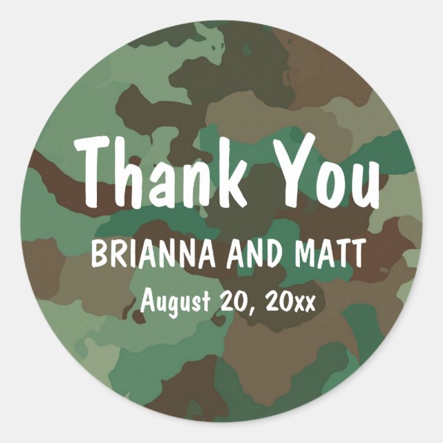 Personalized Green Camo Thank You Wedding Sticker (Front)