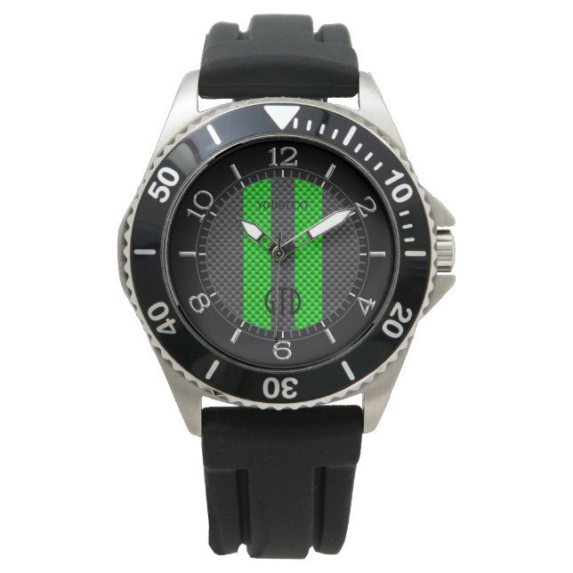 Personalized Green Carbon Style Racing Stripes Watch (Front)