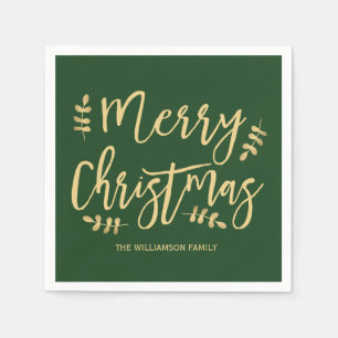 Personalized Green Christmas Napkins, Gold Text Napkins