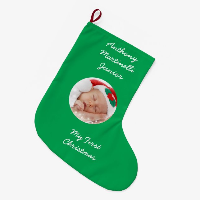 Personalized Green Christmas Stocking with Photo (Front (Hanging))
