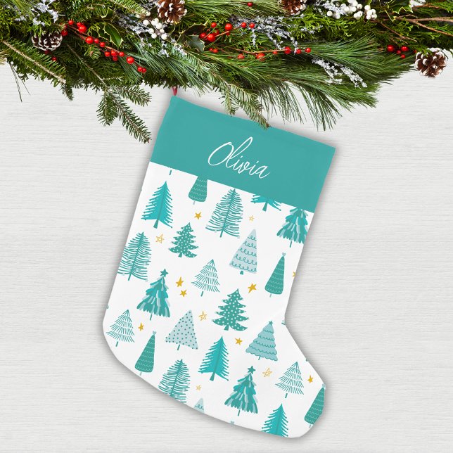 Personalized Green Christmas Tree Winter Forest Small Christmas Stocking (Modern and simple winter woodland Christmas tree design: Personalized  Christmas Stocking)