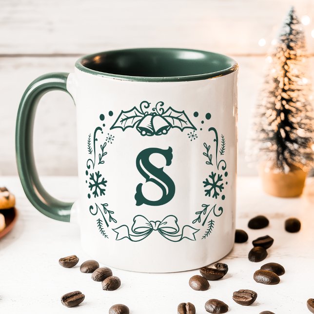 Personalized Green Christmas Wreath Monogram Mug (Creator Uploaded)