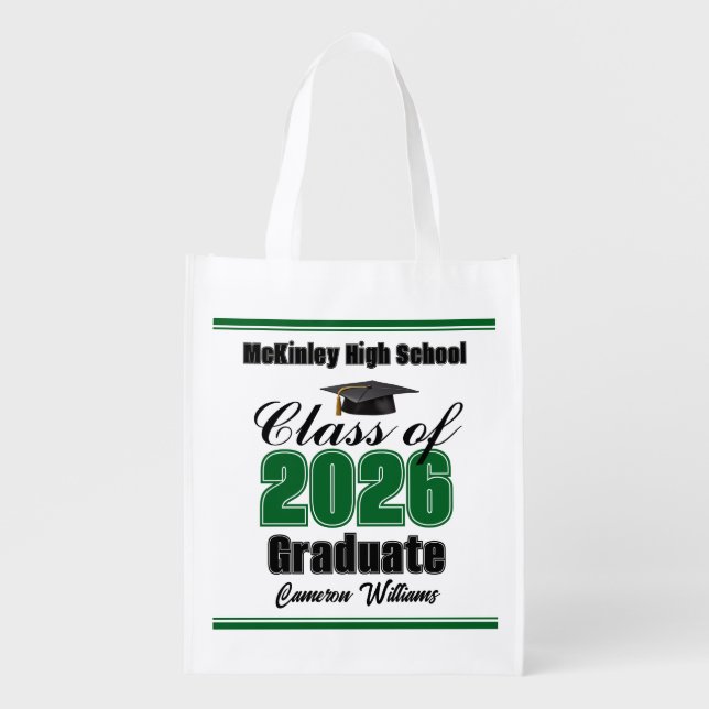 Personalized Green Class of 2026 Graduation Party Grocery Bag (Front)