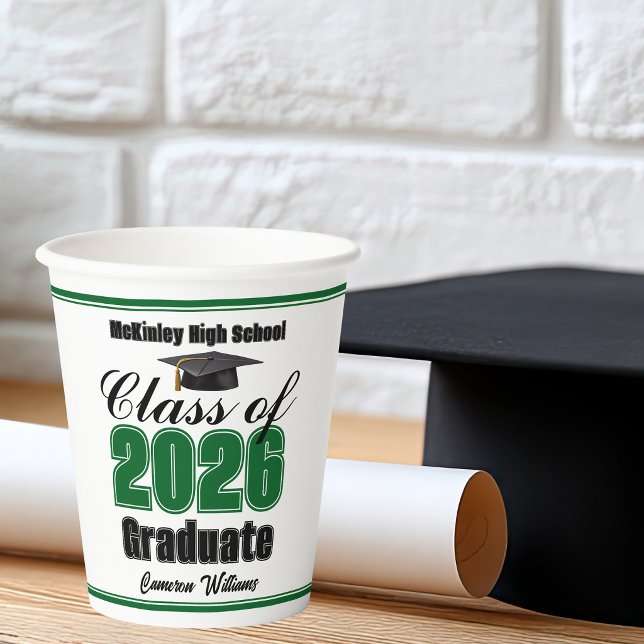 Personalized Green Class of 2026 Graduation Party Paper Cups (Creator Uploaded)